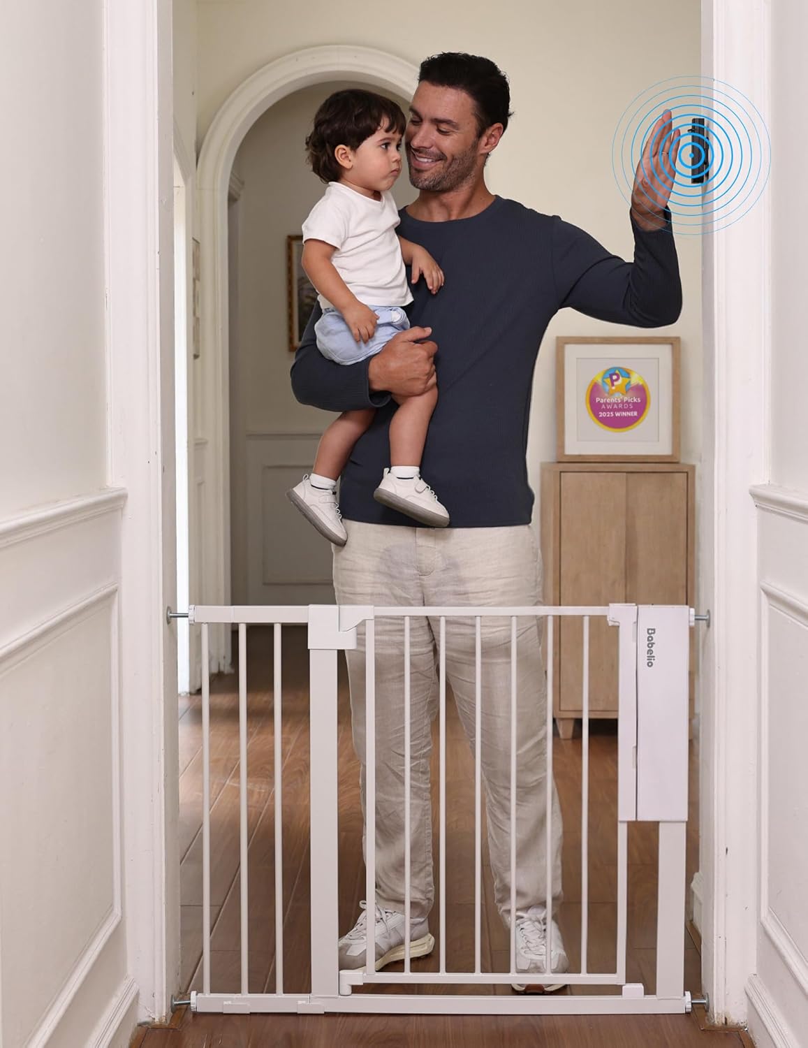 Babelio Smart Baby Gate with Auto-Unlock/Close, Pressure Mounted No Drill for Doorways/Top of Stairs. Pet/Dog Door Wide Walk Thru w/Infrared Sensor & Safety Alert (Black, 26.3-37.8" W, 30" H)