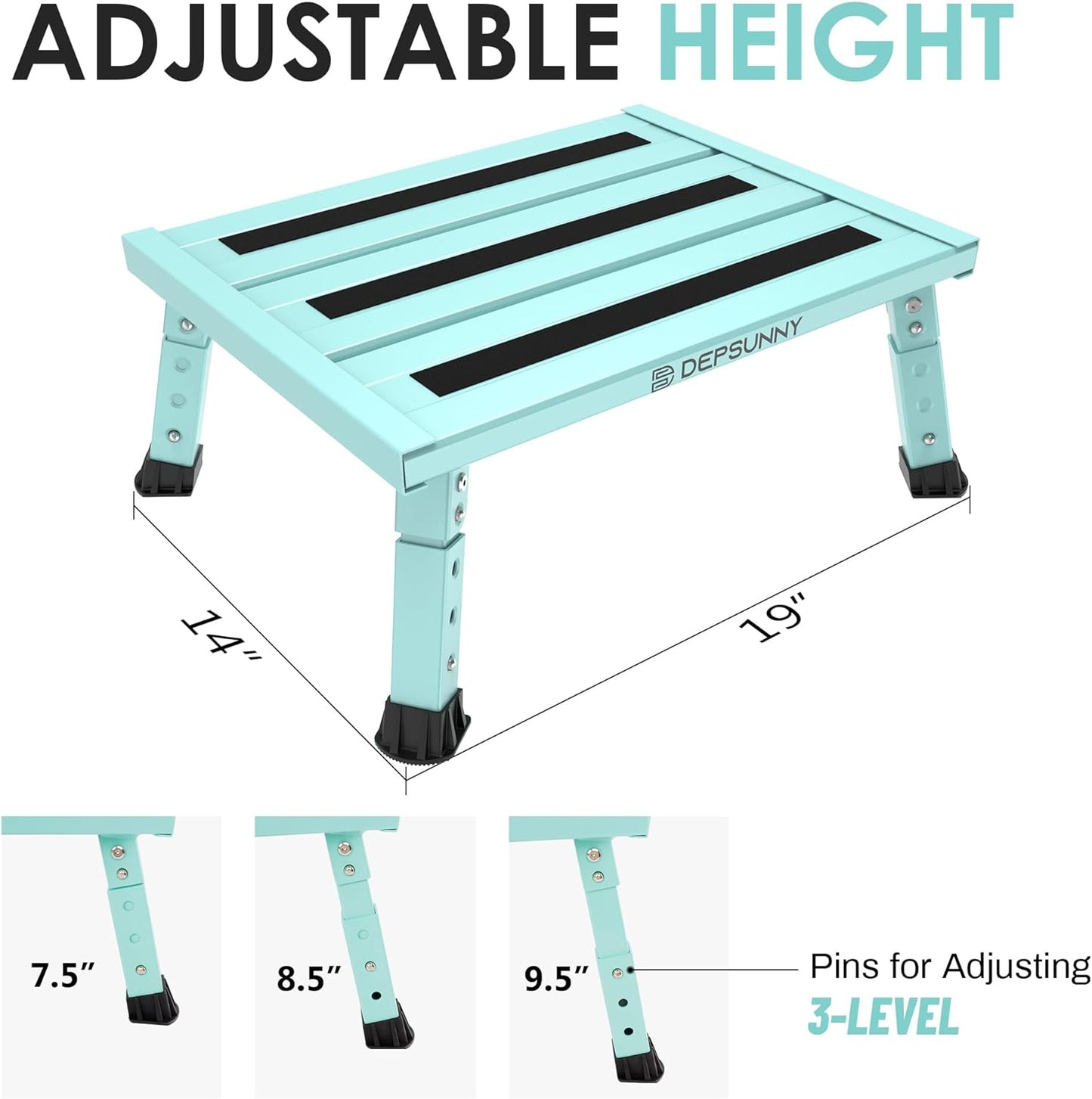 Adjustable Height Aluminum RV Step, Stable Foldable Platform Step Stool, Supports Up to 1,000 lb, Non-Slip Rubber Feet and Platform Mat, Easy to Carry (Black)