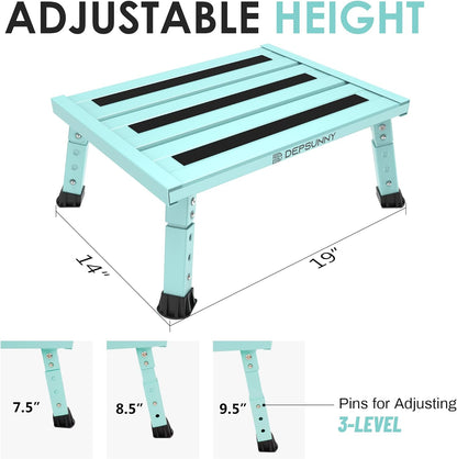 Adjustable Height Aluminum RV Step, Stable Foldable Platform Step Stool, Supports Up to 1,000 lb, Non-Slip Rubber Feet and Platform Mat, Easy to Carry (Black)