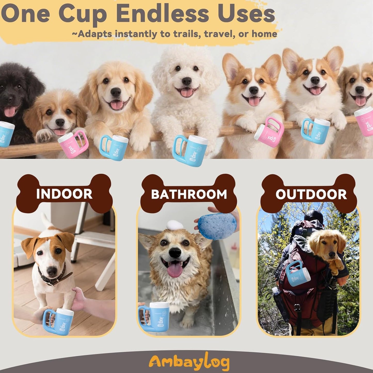 Medium Pet Paw Cleaner Cup - Easy Press Design Dog Foot Washer with Soft Massage Brush & Absorbent Towel - Reusable Durable Paw Cleaning Cup for Dogs Cats, Easy to Clean Handheld Bath Tool