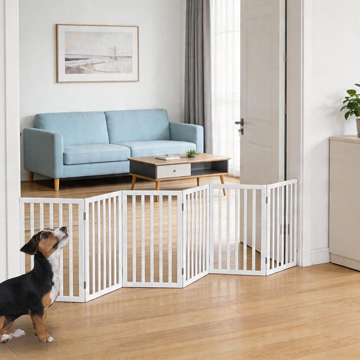 Dog Gate Indoor, Freestanding Dog Fence for The House, Doorways, Hallways,or Stairs,Pet Gate Foldable Wooden,Expandable 24" Height 3 Panels,White