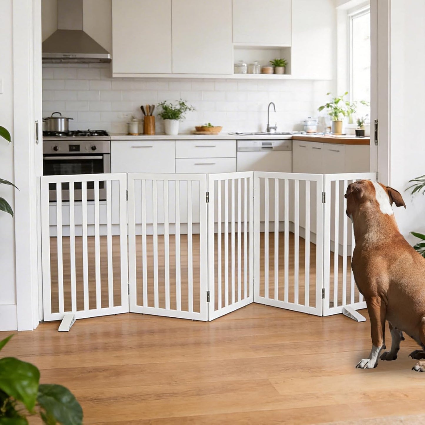 ZJSF Freestanding Indoor Dog Gate for House Foldable Wood Puppy Gate for Doorways Pet Gate for Stairs Extra Wide Pet Fence, Brown, 24" Height 3 Panels