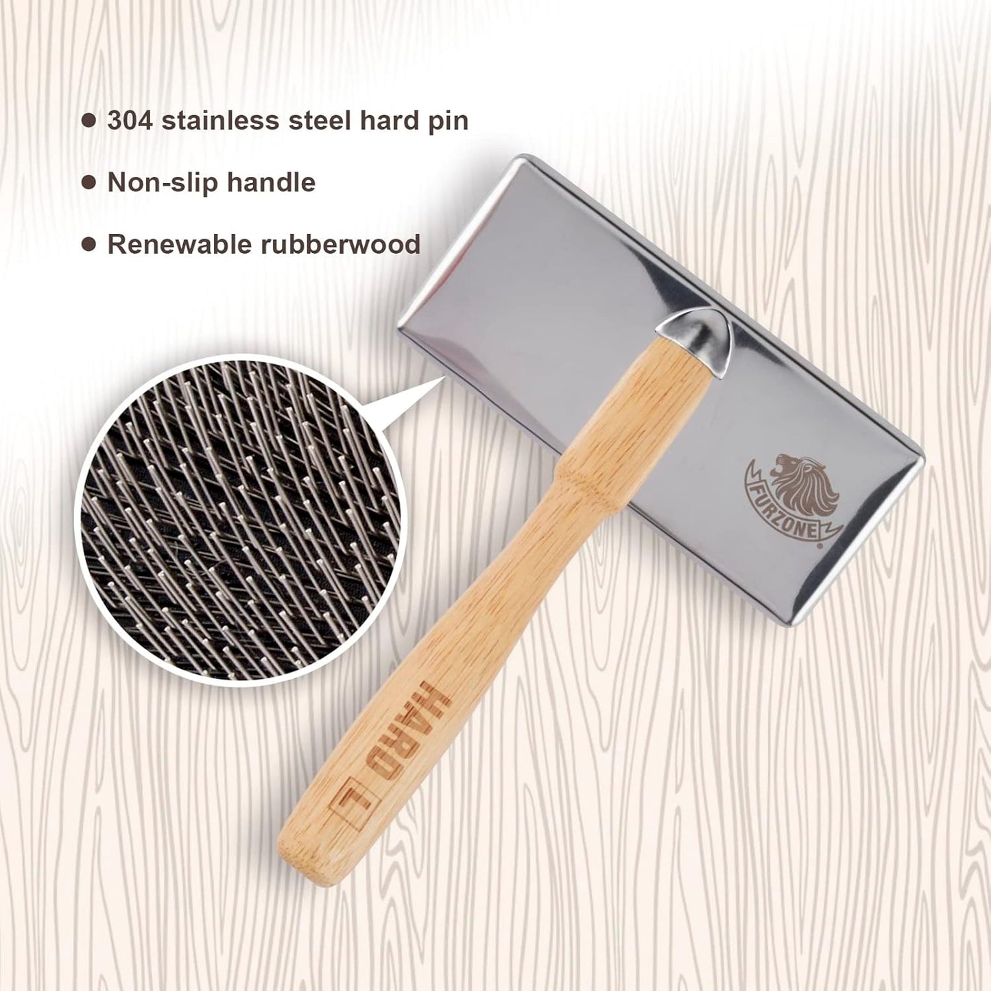 Furzone Wooden Slicker Brush - Stainless Steel Hard Pins for Dogs (Size M)