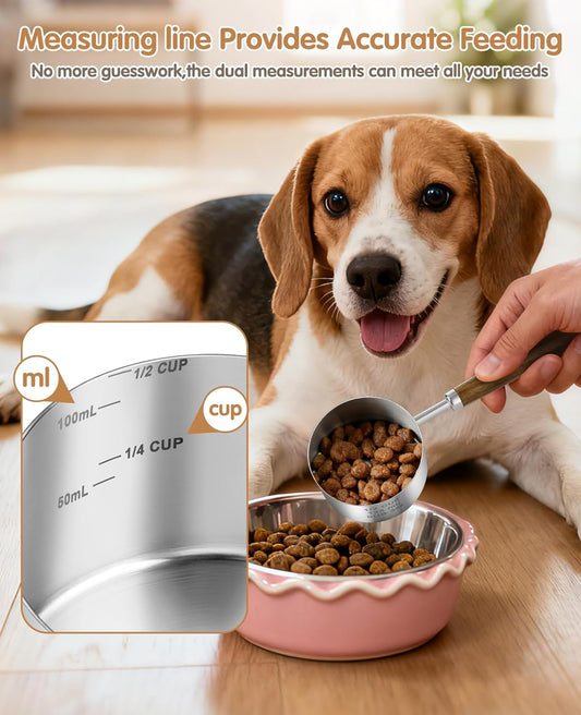 Stainless Steel Dog Food Scoop 1 Cup, Dog Food Measuring Cup With Measuring Lines (Cup/ML) & Long Wooden Handle, Metal Pet Food Scoop For Dogs, Cats and Kitchen Use, Dishwasher Safe