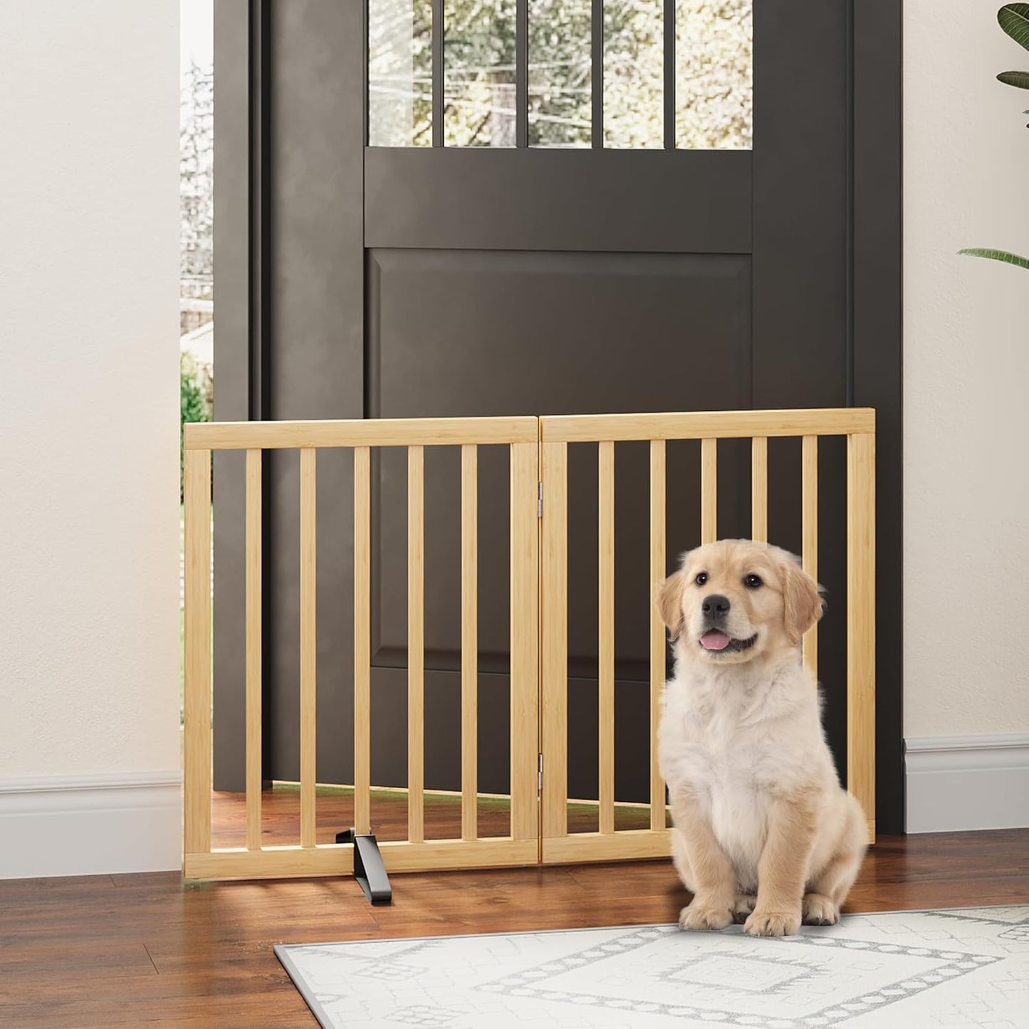 Freestanding Foldable Dog Gate - 4 Panel Room Divider with Metal Support Feet (Black)
