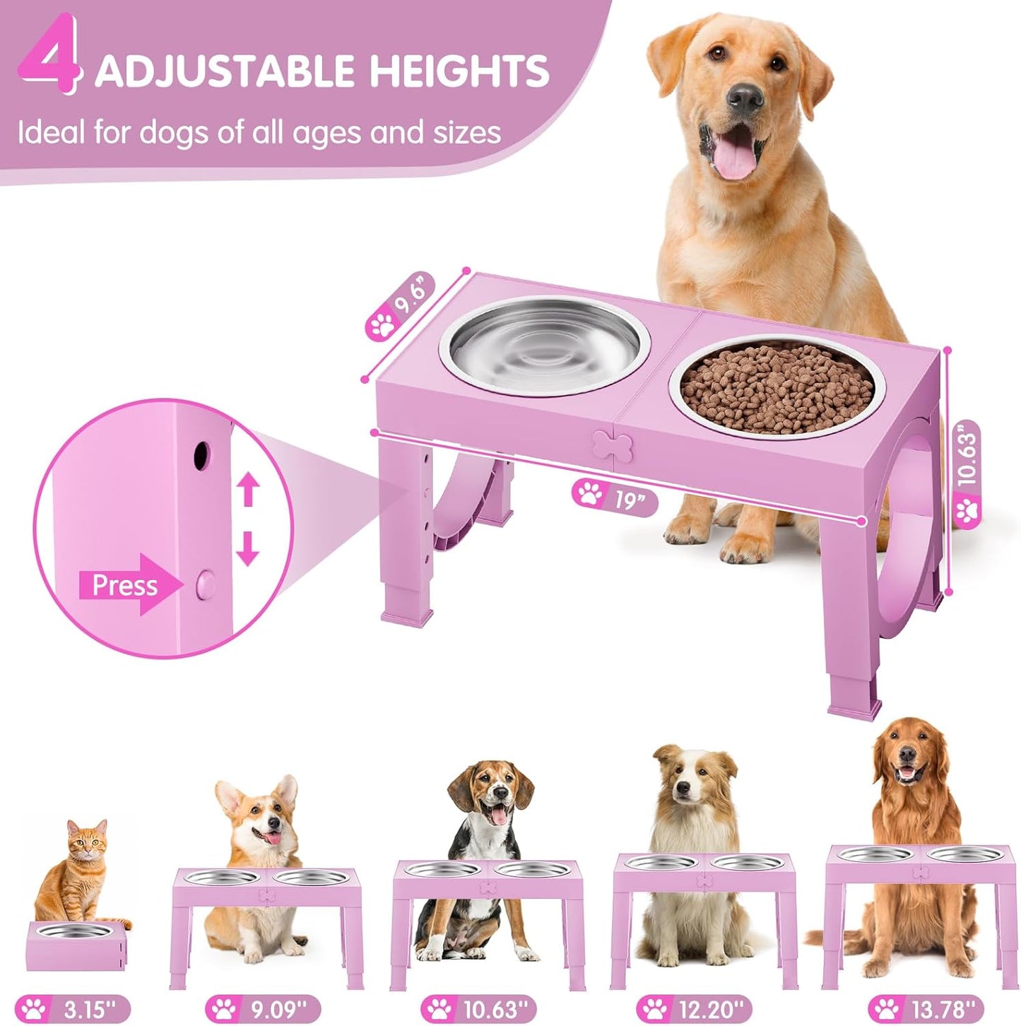 XIAZ Elevated Dog Bowls Large Breed Raised Dogs Bowl Stand Large/Medium Sized Dog Slow Feeder Dogs Bowls Food Water Stands 5 Heights Adjustable 9/11/12/14in Pet Feeder Dish Station