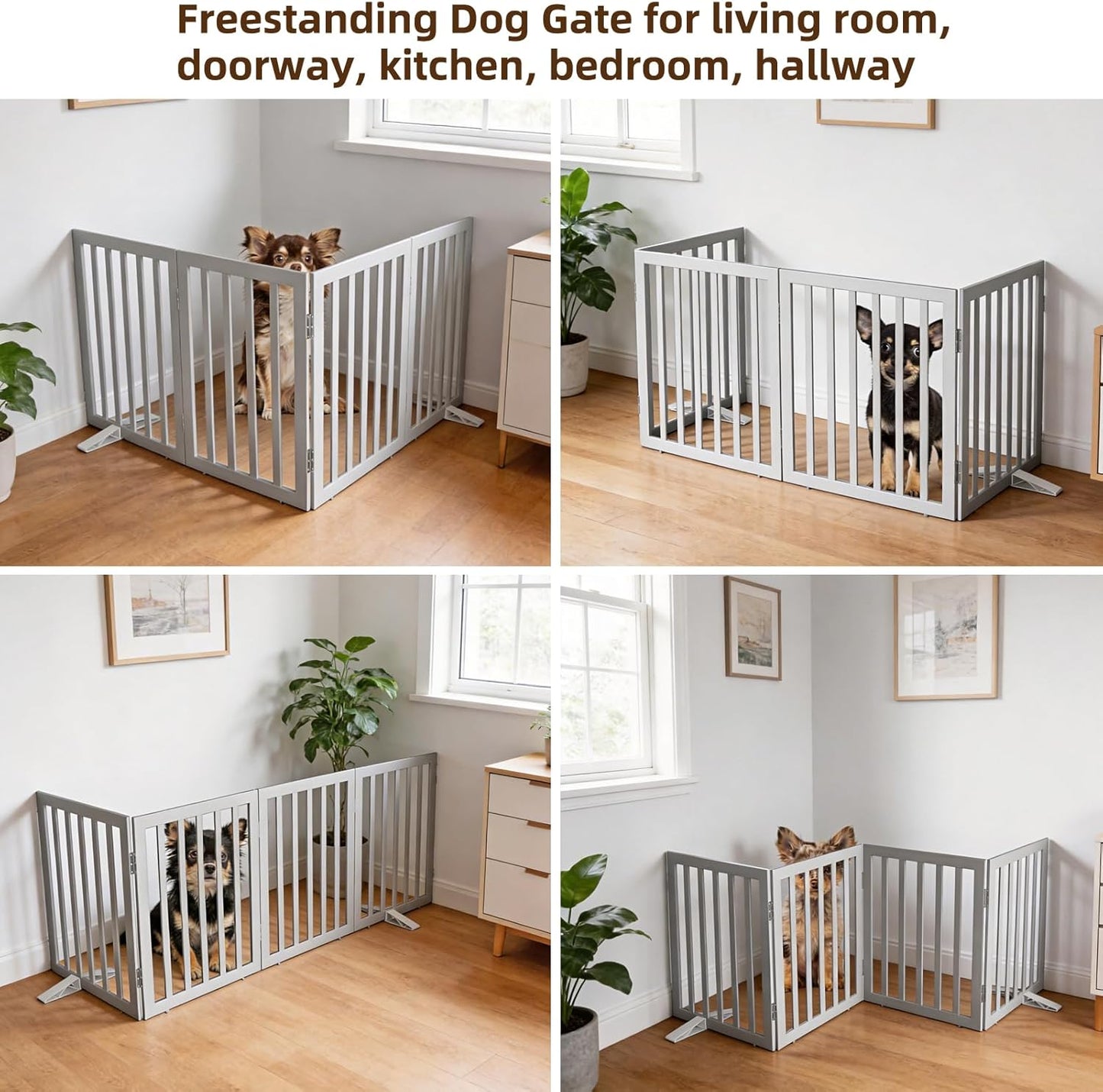 ZJSF Freestanding Indoor Dog Gate for House Foldable Wood Puppy Gate for Doorways Pet Gate for Stairs Extra Wide Pet Fence, Brown, 24" Height 3 Panels