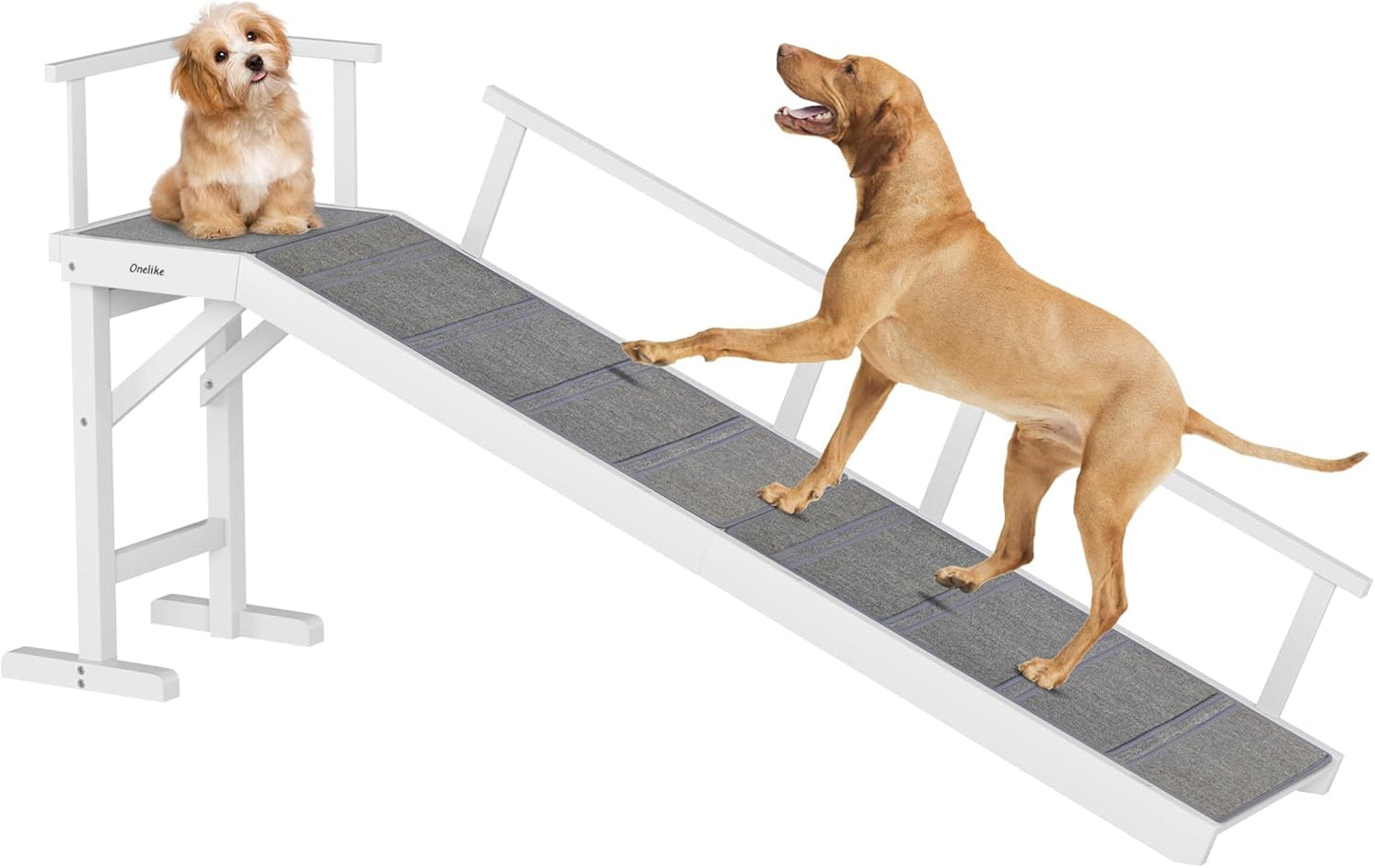 Onelike Wooden Dog Ramp for Bed with Removable Side Rail and Non-Slip Carpet, Stable Pet Ramp Stair for Couch Sofa for Small & Large & Senior Dogs, 74" Long Ramp Brown