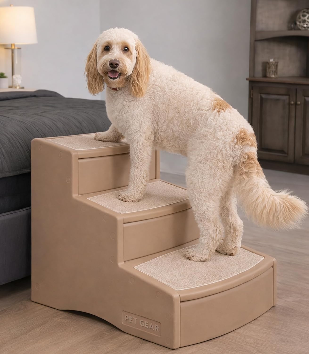 Pet Gear Easy Step III Extra Wide Pet Stairs, 3 Step for Dogs/Cats up to 200 pounds, Removable/Washable Carpet, Easy Assembly (No Tools Required), Sea Salt