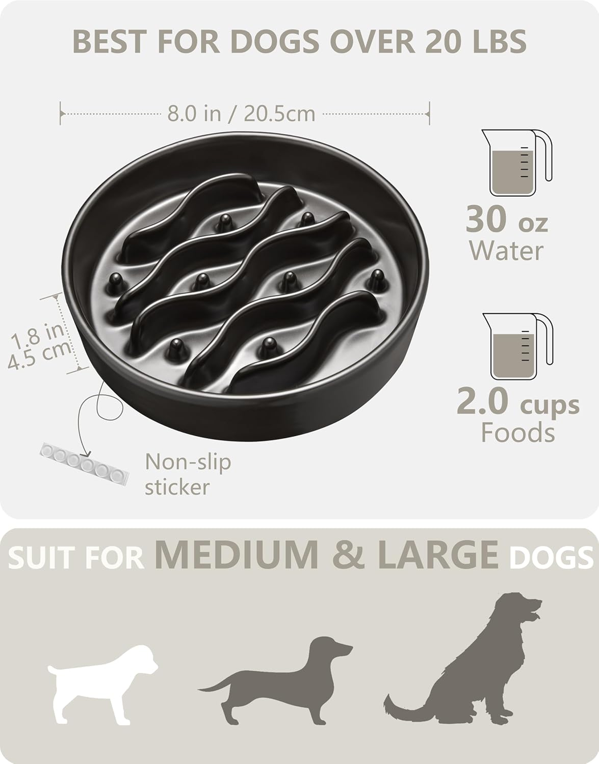 Ceramic Slow Feeder Dog Bowls for Medium and Large Dogs, 2.0 Cups Dog Slow Feeder for Fast Eater, 30oz, 8in, White