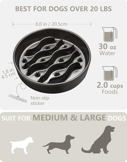 Ceramic Slow Feeder Dog Bowls for Medium and Large Dogs, 2.0 Cups Dog Slow Feeder for Fast Eater, 30oz, 8in, White