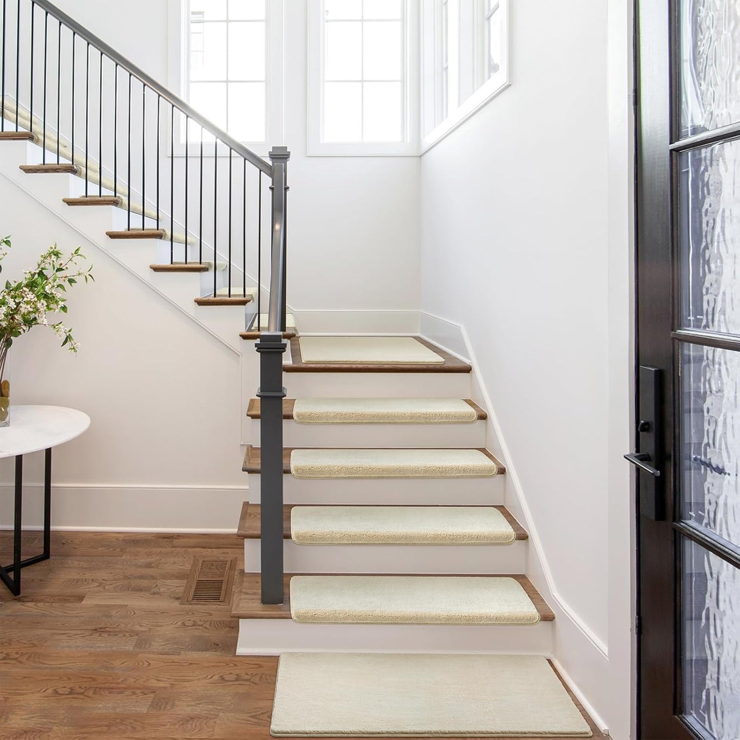 PURE ERA Carpet Stair Treads Ultra Plush 9.5" X 30"Soft Bullnose Indoor Stair Protectors Pet-Friendly Non-Slip Skid Resistant Tape Free Washable Reusable(14 Pieces, Cream Gray)