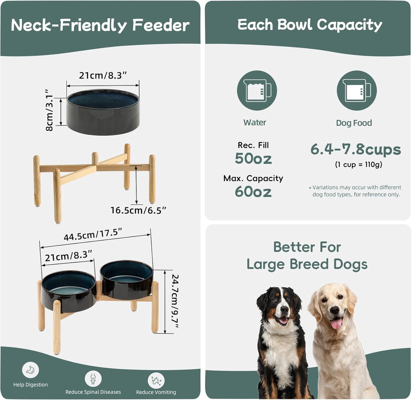 Havniva 8.3inch Ceramic Raised Dog Bowl with Stand, Elevated Dog Bowls for Large Breed Dog Food and Water Bowl Non-Slip Dog Dish Large Capacity Feeding Pet Water Bowl