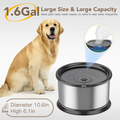 1.6 Gallon Dog Water Bowl, 6.5L/220oz Stainless Steel No Spill Water Bowl for Large Dogs, Super Large Capacity Splash Proof Pet Slow Drinking Water Bowl with Anti-Slip Mat for Mess Drinkers