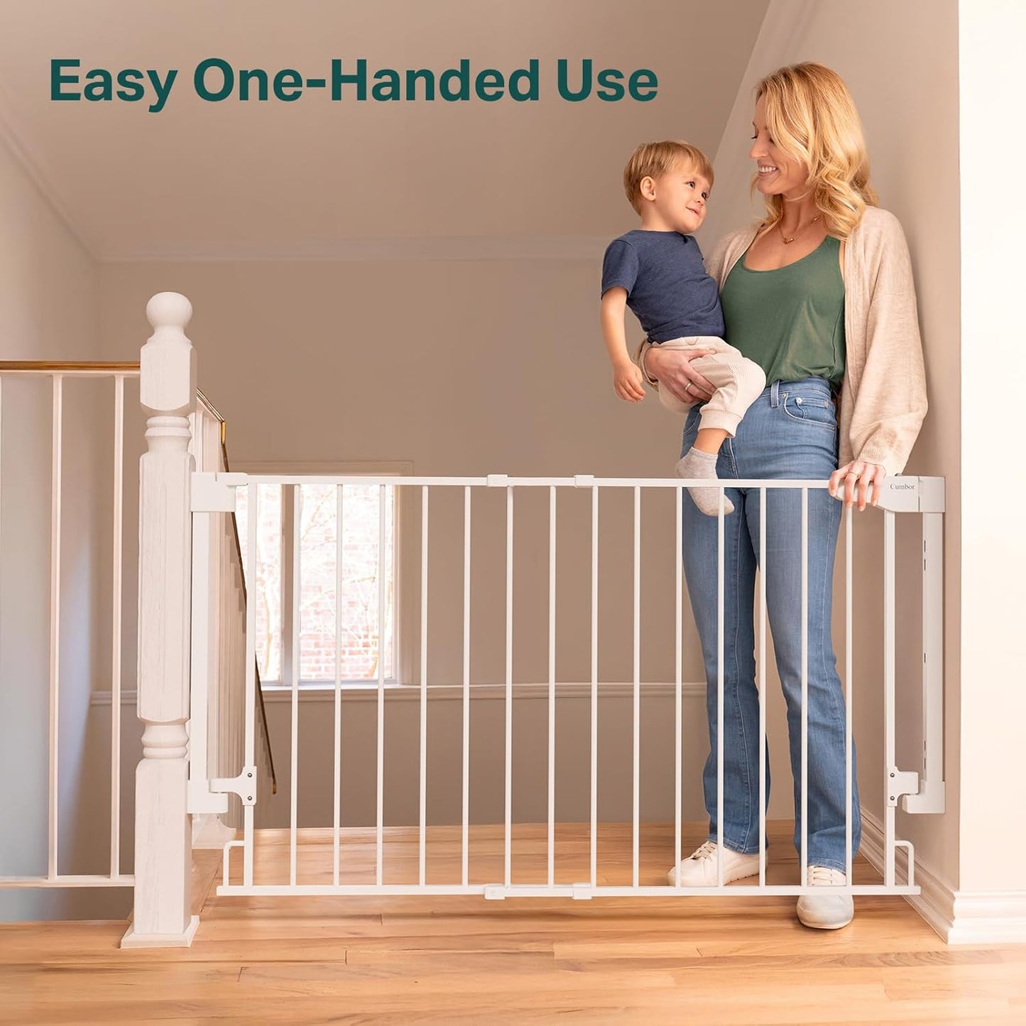 Cumbor 29.2–43" Baby Gate for Stairs, Hardware Mounted (Drill Required), Expandable No Bottom Bar Dog Gate, Auto Close Extra Wide Walk Thru, Pet & Toddler Proof Gate, Top & Bottom of Stairways(Black)