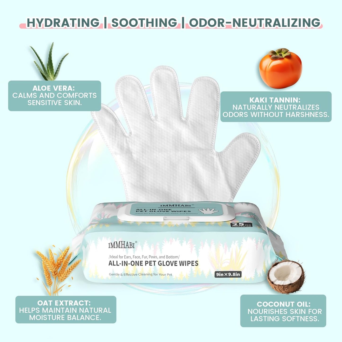 IMMHABI 50 Pcs Cleaning Deodorizing Pet Glove Wipes for Dogs & Cats, Hypoallergenic Dog Bath Wipes with Natural Deodorizer Persimmon Tannin, Pet Bathing Wipes for Horse Coat Care Unscented