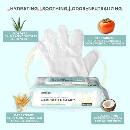 IMMHABI 50 Pcs Cleaning Deodorizing Pet Glove Wipes for Dogs & Cats, Hypoallergenic Dog Bath Wipes with Natural Deodorizer Persimmon Tannin, Pet Bathing Wipes for Horse Coat Care Unscented