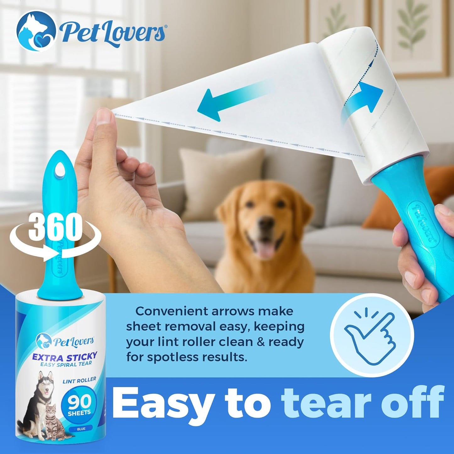 PetLovers Extra Sticky Lint Roller Single Unit 90 Sheets for Pet Hair Removal, Dog and Cat Lint Remover (1 Pack)