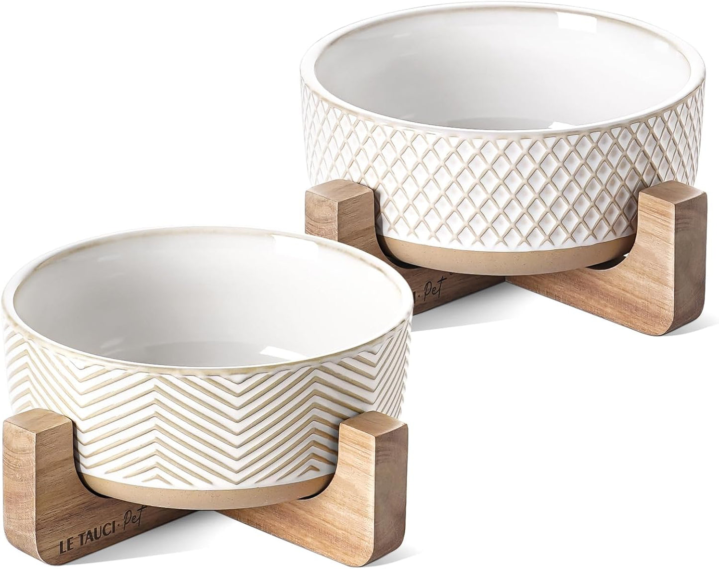 LE TAUCI PET Ceramic Dog and Cat Bowl Set with Acacia Wood Stand - 2 Cup Weighted Non-Slip Food and Water Bowls for Small Dogs & Cats, Lines + Dot