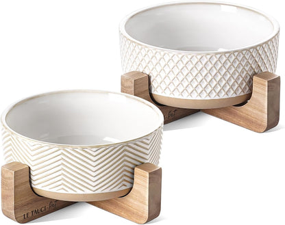 LE TAUCI PET Ceramic Dog and Cat Bowl Set with Acacia Wood Stand - 2 Cup Weighted Non-Slip Food and Water Bowls for Small Dogs & Cats, Lines + Dot