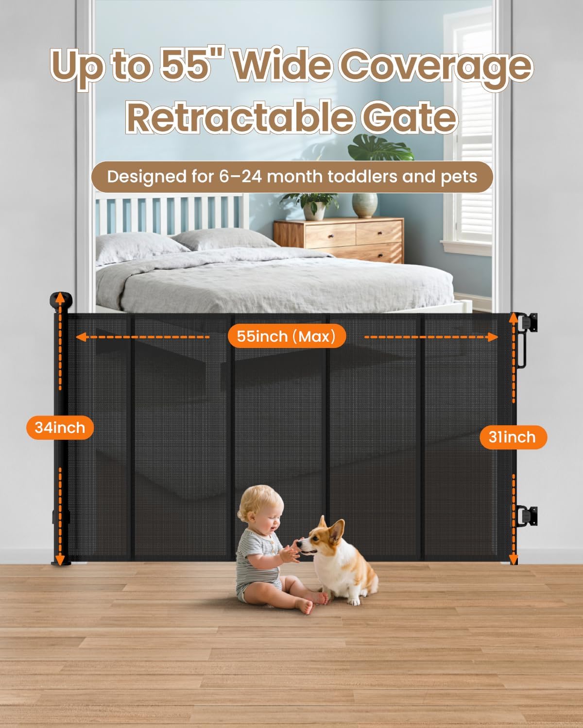 Retractable Baby Gate, 55" Wide Mesh Gate with 4 Reinforced Rods, Prevents Kids & Dogs from Crawling Under, 34" Tall Easy-to-Use Pet Gate for Stairs, Bedrooms, Hallways, Indoor/Outdoor, White