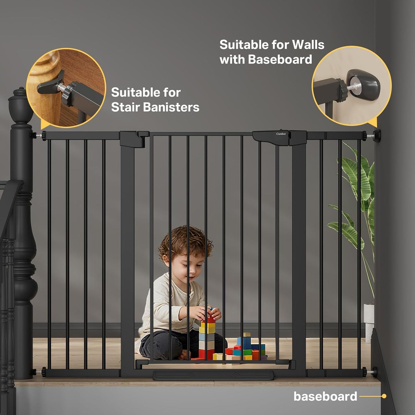 Cumbor 36.6-64" Extra Wide Baby Gate for Stairs, Dog Gates for Doorways, Auto-Close Pet Gate Indoor, Pressure Mounted Walk Through Safety Child Gate for Kids Toddler, Tall Pet Puppy Fence Gate, Brown