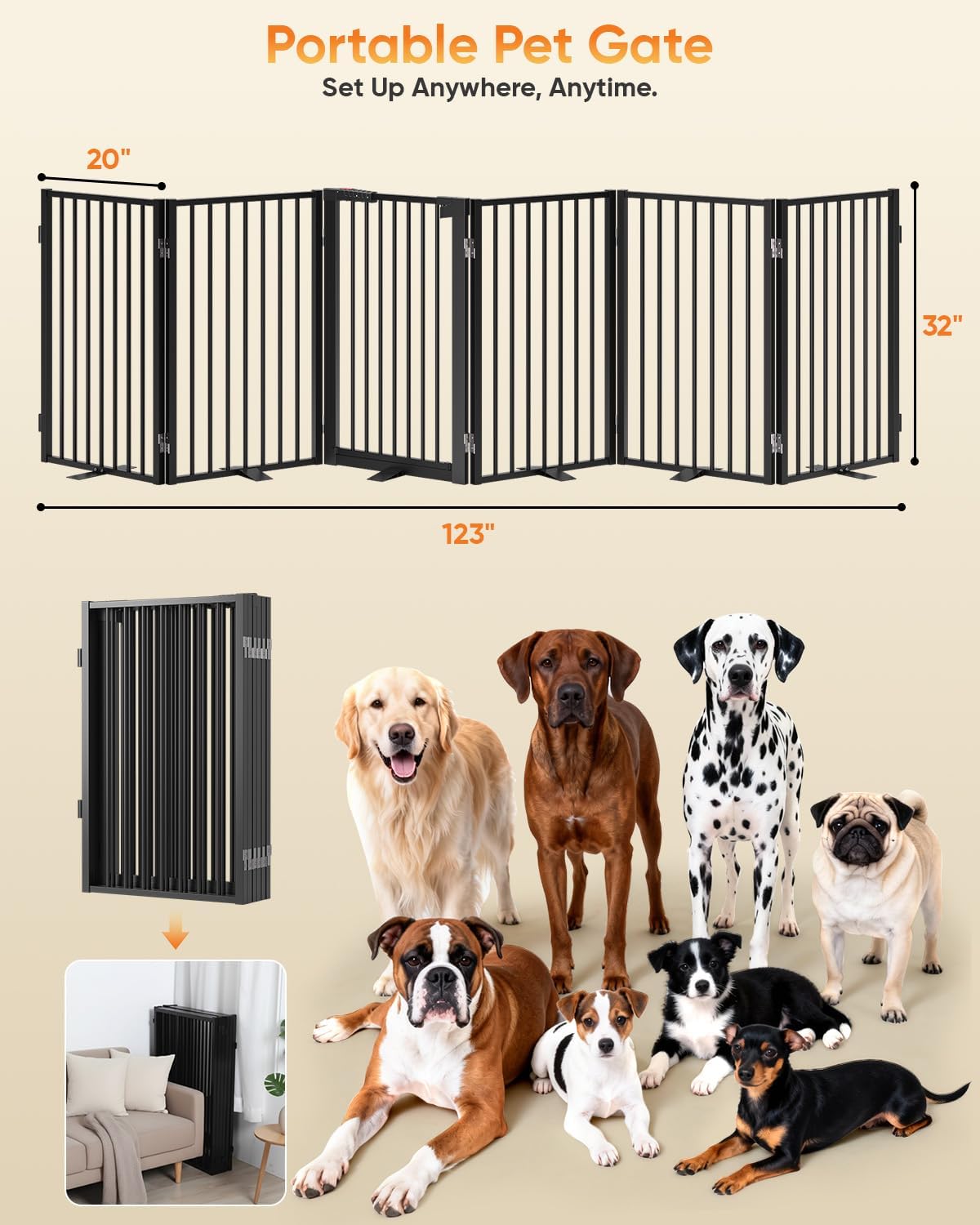 Full Metal Free Standing Dog Gate with Door for Indoor & Outdoor,80'' Extra Wide 32'' Tall Dog Gate for The Doorways,Large Openings,Decks,Porch,Pet Freestanding Safety Fence(4 Panels,Black)