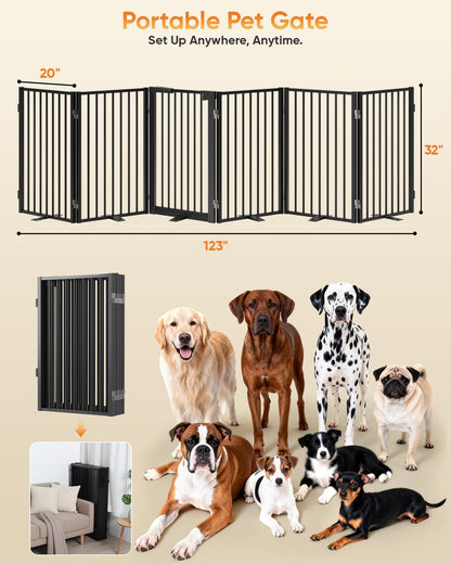 Full Metal Free Standing Dog Gate with Door for Indoor & Outdoor,80'' Extra Wide 32'' Tall Dog Gate for The Doorways,Large Openings,Decks,Porch,Pet Freestanding Safety Fence(4 Panels,Black)
