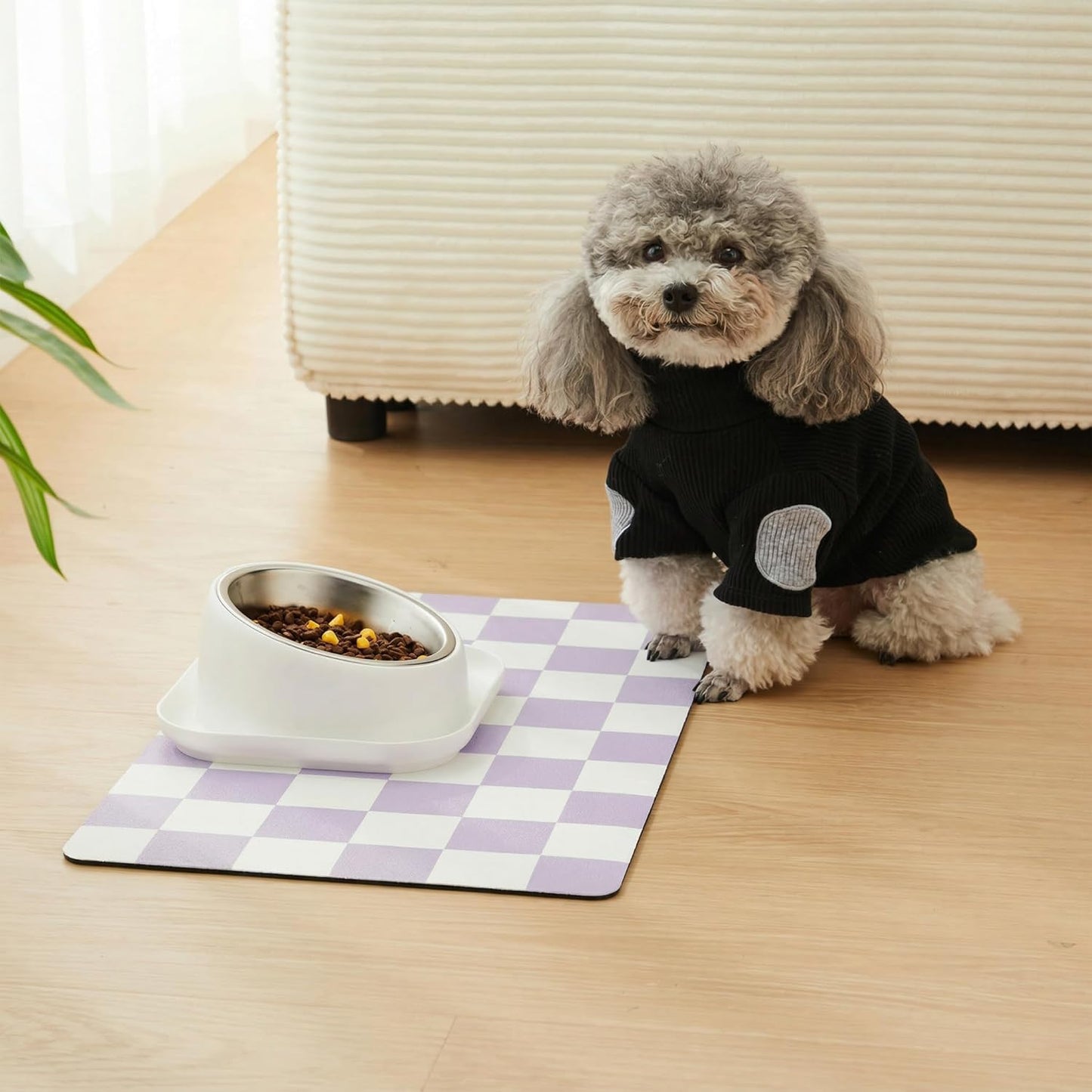 Checkered Dog Feeding Mat, Absorbent Mats for Dog Food and Water Bowl, Dispenser, Retro Aesthetic Khaki Beige Checkerboard Pet Placemat for Dogs, Cats, Puppy Accessories, 12" X 19”