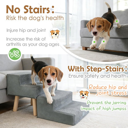 Dog Stairs for Small Dogs and Cats, 4-Step Dog Ramp for Couch and Bed, Foldable 2-in-1 Wooden Pet Steps for Puppy, Split Ottoman Design, Beige