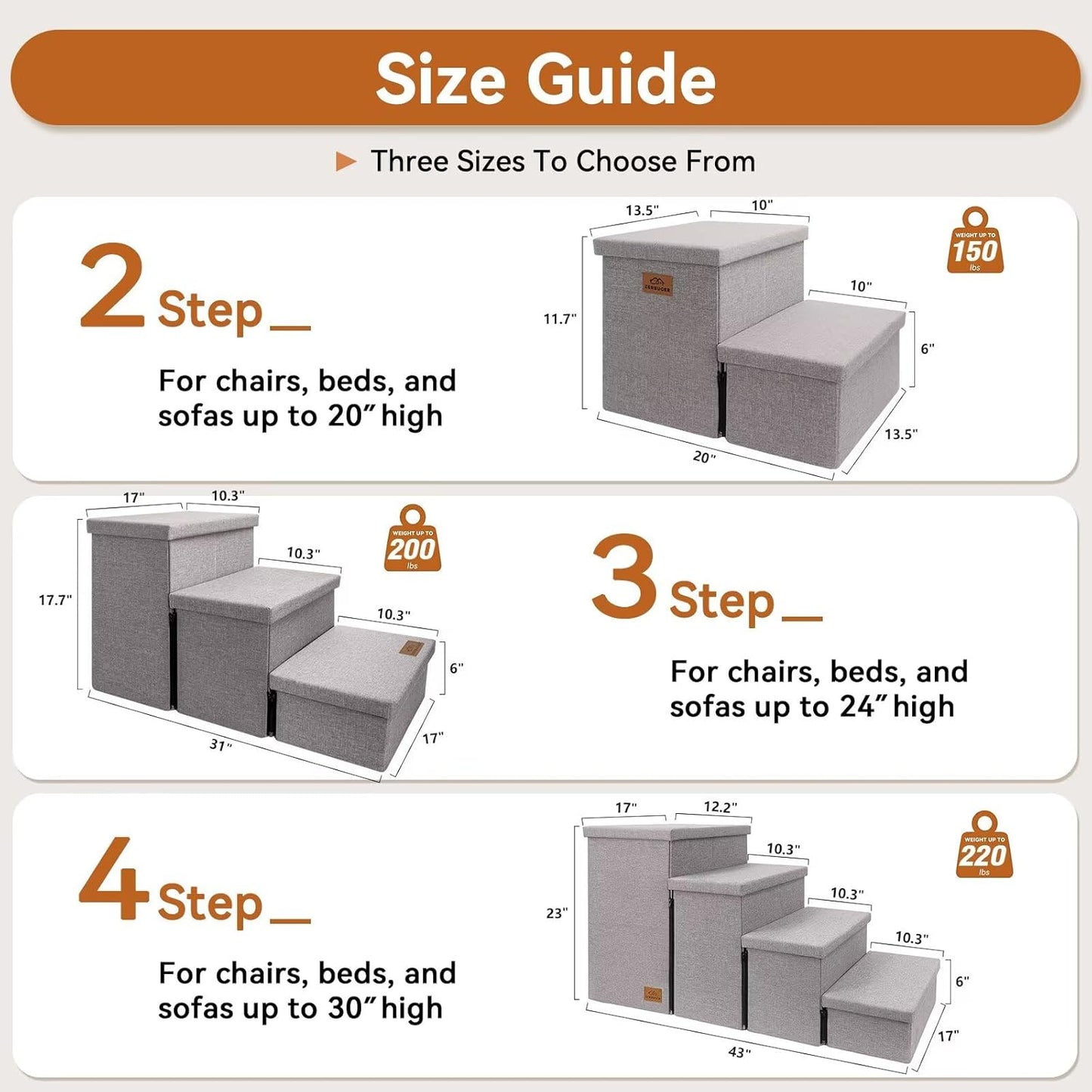 Zerbuger Wider Dog Ramp for High Bed with Storage 18" H, Foldable Dog Stairs for Small Medium Large Older Senior Animal, Sturdy Dog Step for Climbing Bed or Couch, Arthritis-Friendly (Gray, No Condo)