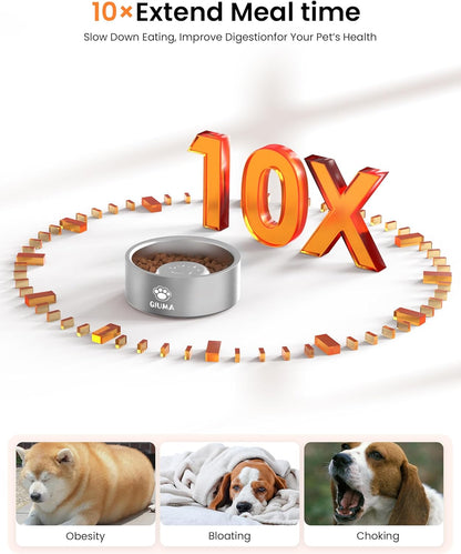 Qiuma Slow Feeder Dog Bowls Stainless Steel, Food-Grade 304 Dog Slow Feeder Bowl 2 Cups Capacity, Heavy Duty Double-Layer with Non-Slip Base, Pet Puzzle Bowl for Small & Medium Dogs (Black)