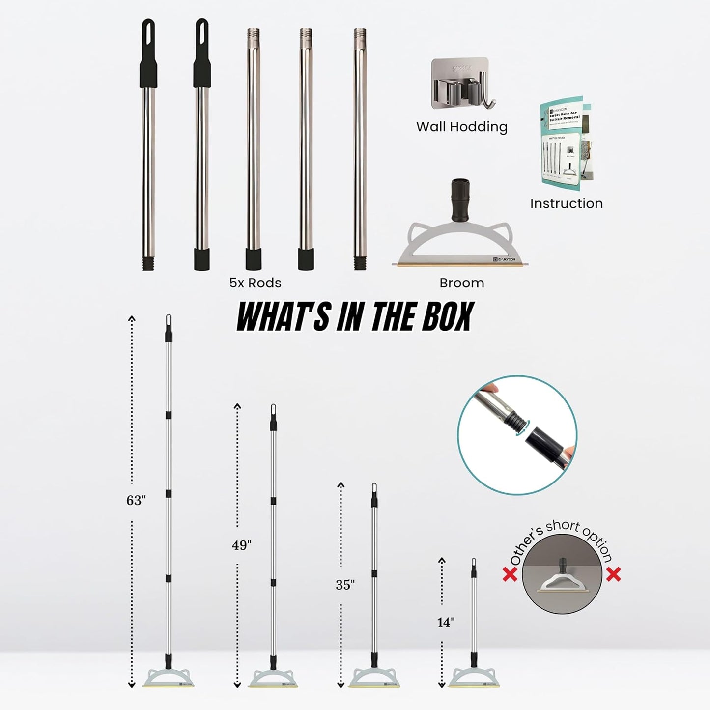 Pet Hair Remover Broom for Low Pile Carpet, Rugs, Stairs – 60" Adjustable Long Handle Carpet Rake for Pet Hair Removal – Includes Wall Clamp – Dog & Cat Hair Removal Tool