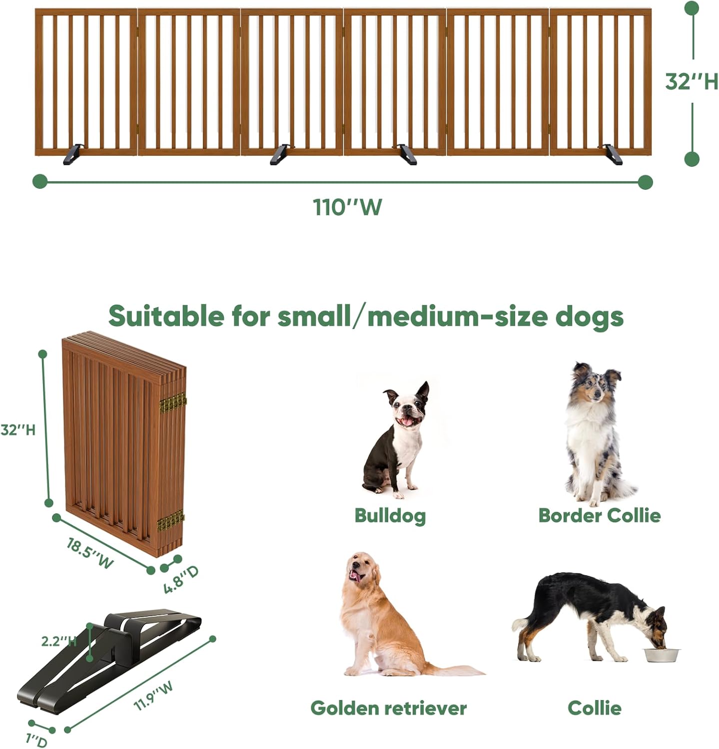 Freestanding Foldable Dog Gate - 4 Panel Room Divider with Metal Support Feet (Black)