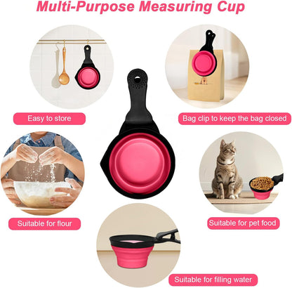 Collapsible Dog Food Scoop Foldable Pet Food Bag Clip 3 in 1 Multi-function Silicone Cat Food Measuring Cup Scoop Dog Food Scooper Pet Food Storage Clip (Green, 1 Cup Capacity(1 Pack))