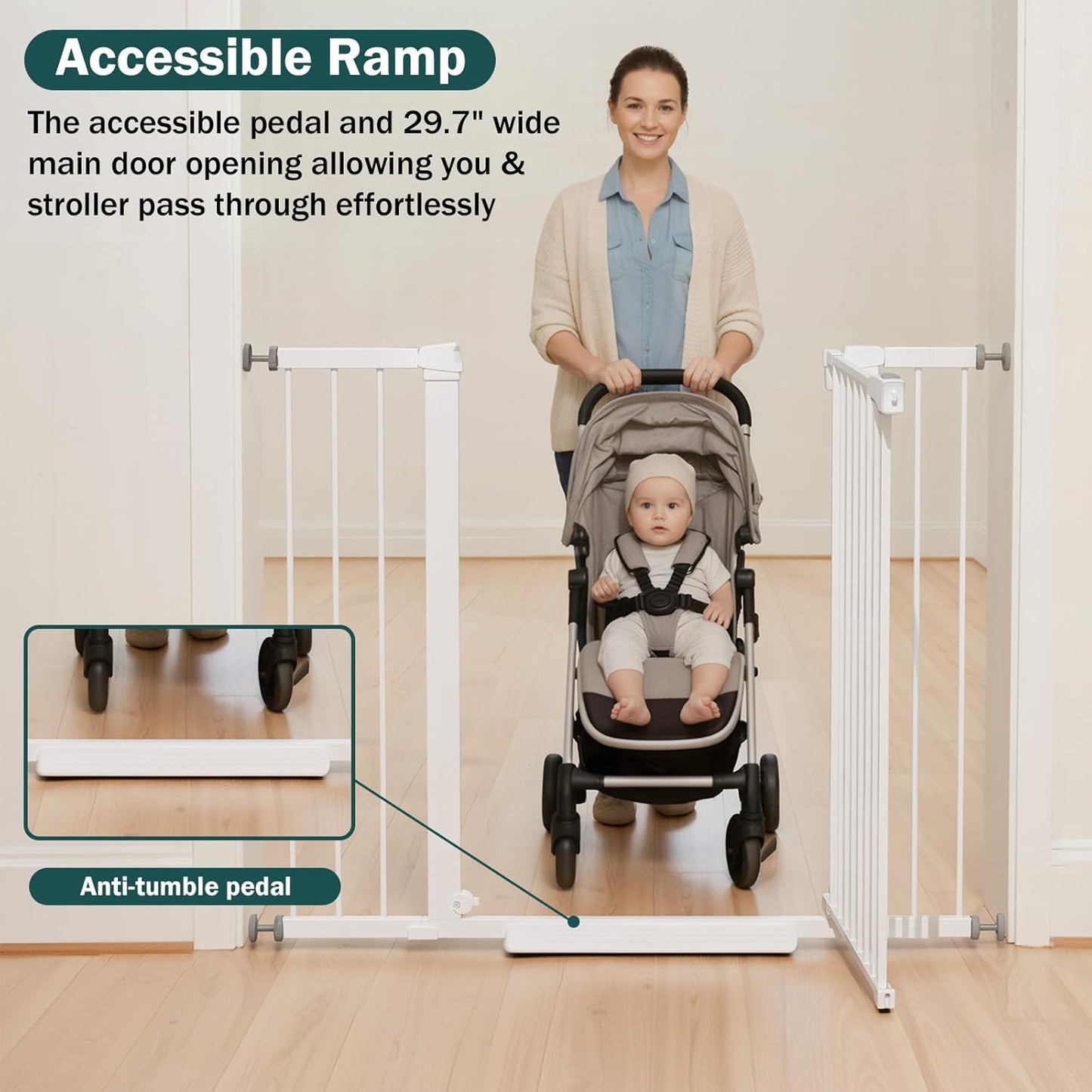 Mumeasy 29.7-46" Baby Gate for Stairs, Pressure Mounted Dog Gate for Doorways, Auto Close Walk Through Pet Gate Indoor, Extra Wide Metal Child Safety Gate, Mom's Choice Awards Winner, Black