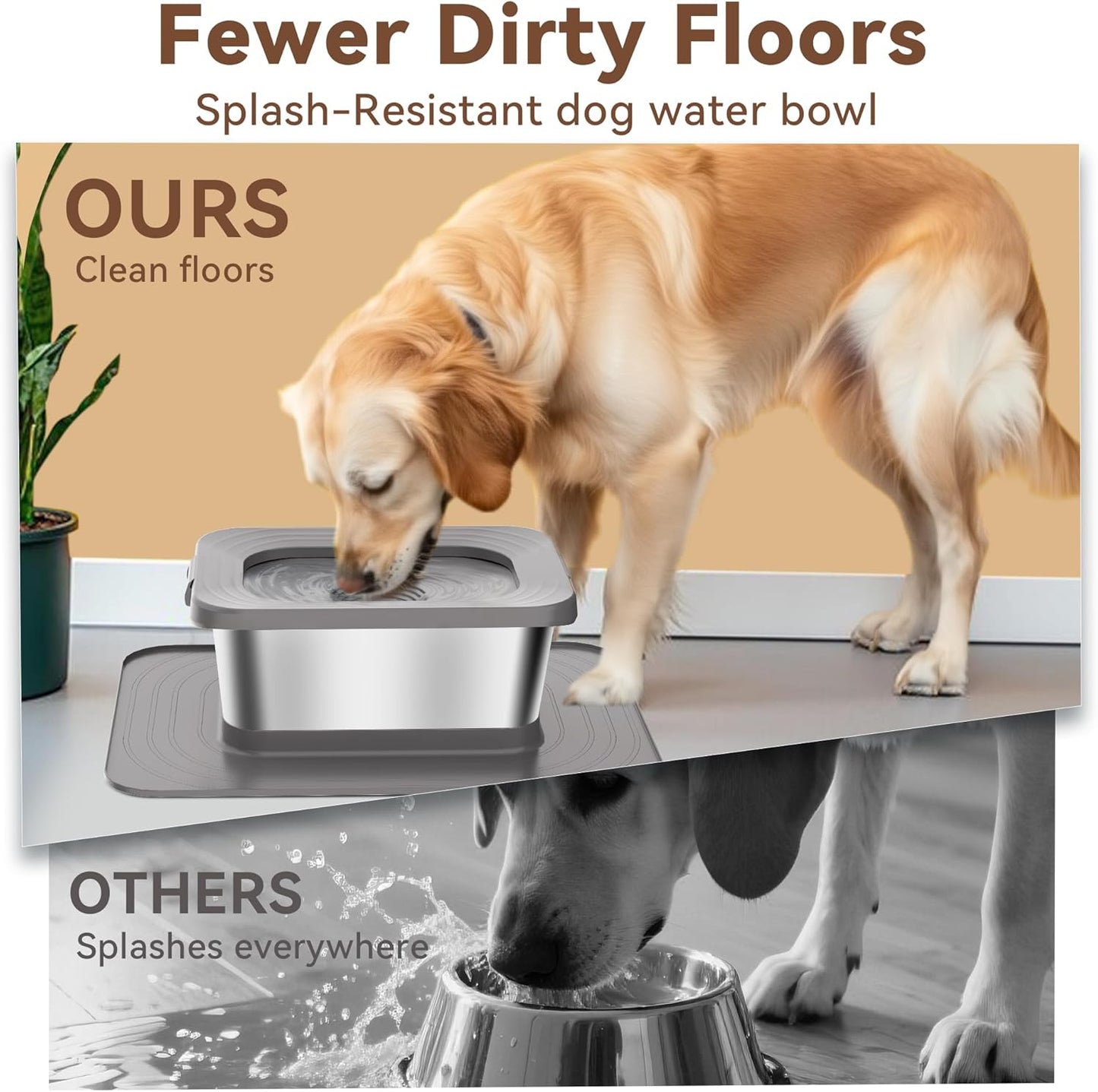 10L No Spill Dog Water Bowl, 2.6 Gal Stainless Steel No Splash Large Dog Water Bowl with Non-Slip Silicone Mat, Spill Proof Slow Drinking Pet Bowls for Messy Drinkers Indoor/Outdoor Use Black