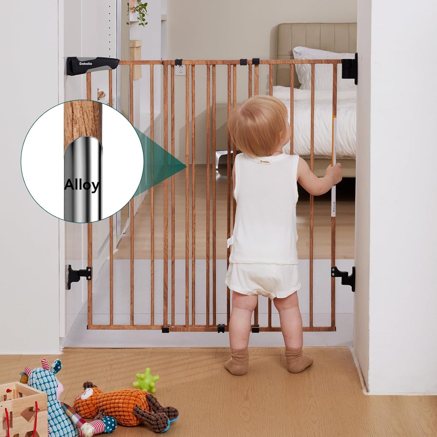 Babelio Baby Gate for Stairs, Kitchen & Doorways, 26-43" W 28" H No Bottom Bar| Easy Installation| One-Handed Operation| Auto-Close| Hardware Mount (Drill Needed) Safety Dog/Pet Gate Indoor (White)
