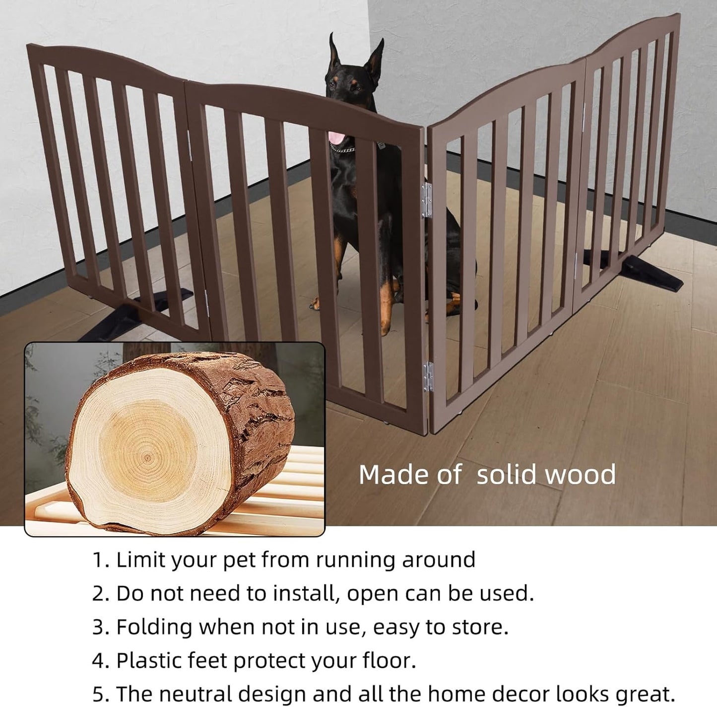 ZJSF Foldable Freestanding Indoor Dog Gate for House Wood White Long Pet Gates Dog Fence for Stairs Puppy Gates for Hallways,Pet Fence, Puppy Gate,Support Feet Included 24 "Height-3 Panels