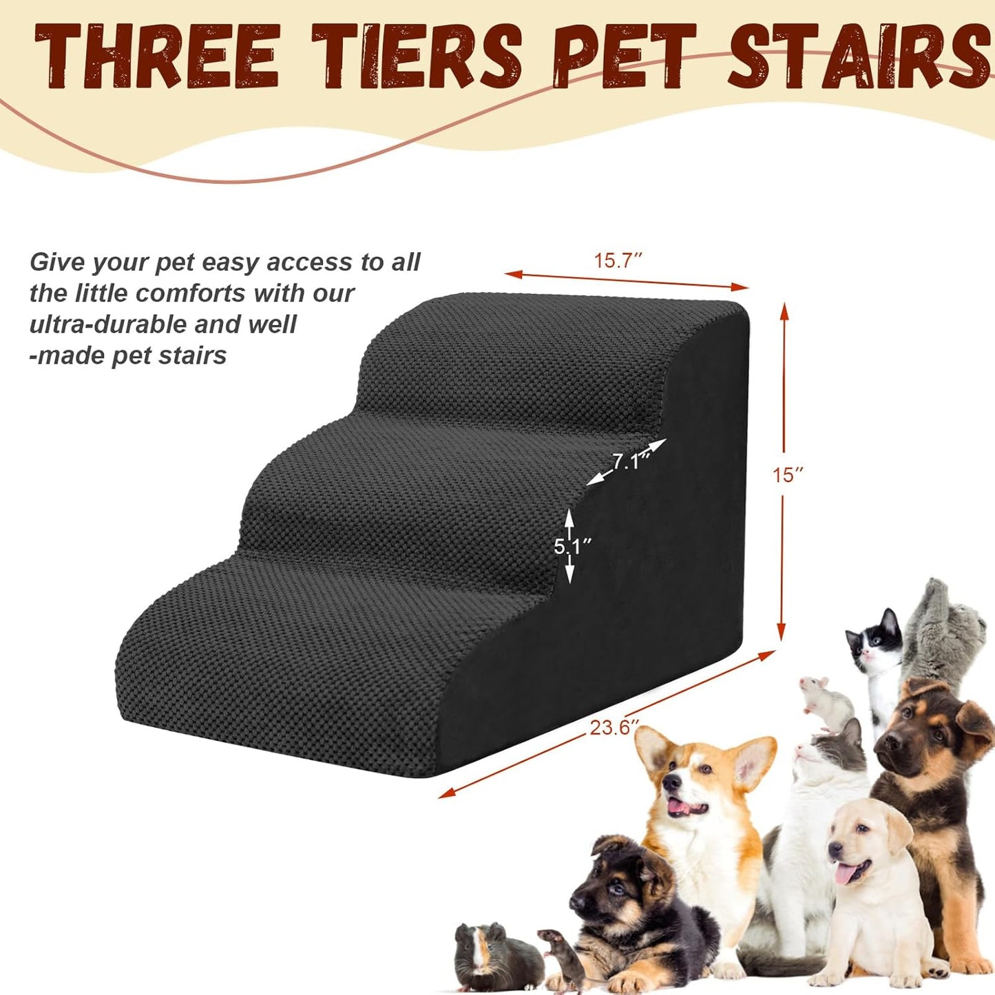 Dog Stairs for Small Dogs - High Density Foam Dog Ramp, Extra Wide Pet Steps with Non-Slip Bottom for High Beds, Couche and Sofa, Best for Pet Injured, Older Dogs Cats (Grey, 4 Steps)