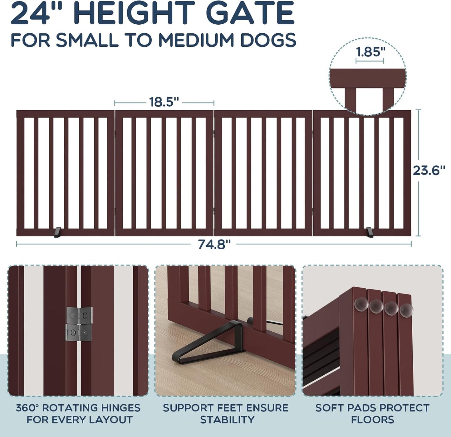 Homykic Bamboo Freestanding Dog Gate, No Assembly Pet Gate Indoor, 24”H x 75”W Extra Wide Foldable Puppy Fence with Support Feet for the House, Doorways Stairs, 4 Panels, No Drilling, Espresso