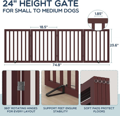 Homykic Bamboo Freestanding Dog Gate, No Assembly Pet Gate Indoor, 24”H x 75”W Extra Wide Foldable Puppy Fence with Support Feet for the House, Doorways Stairs, 4 Panels, No Drilling, Espresso