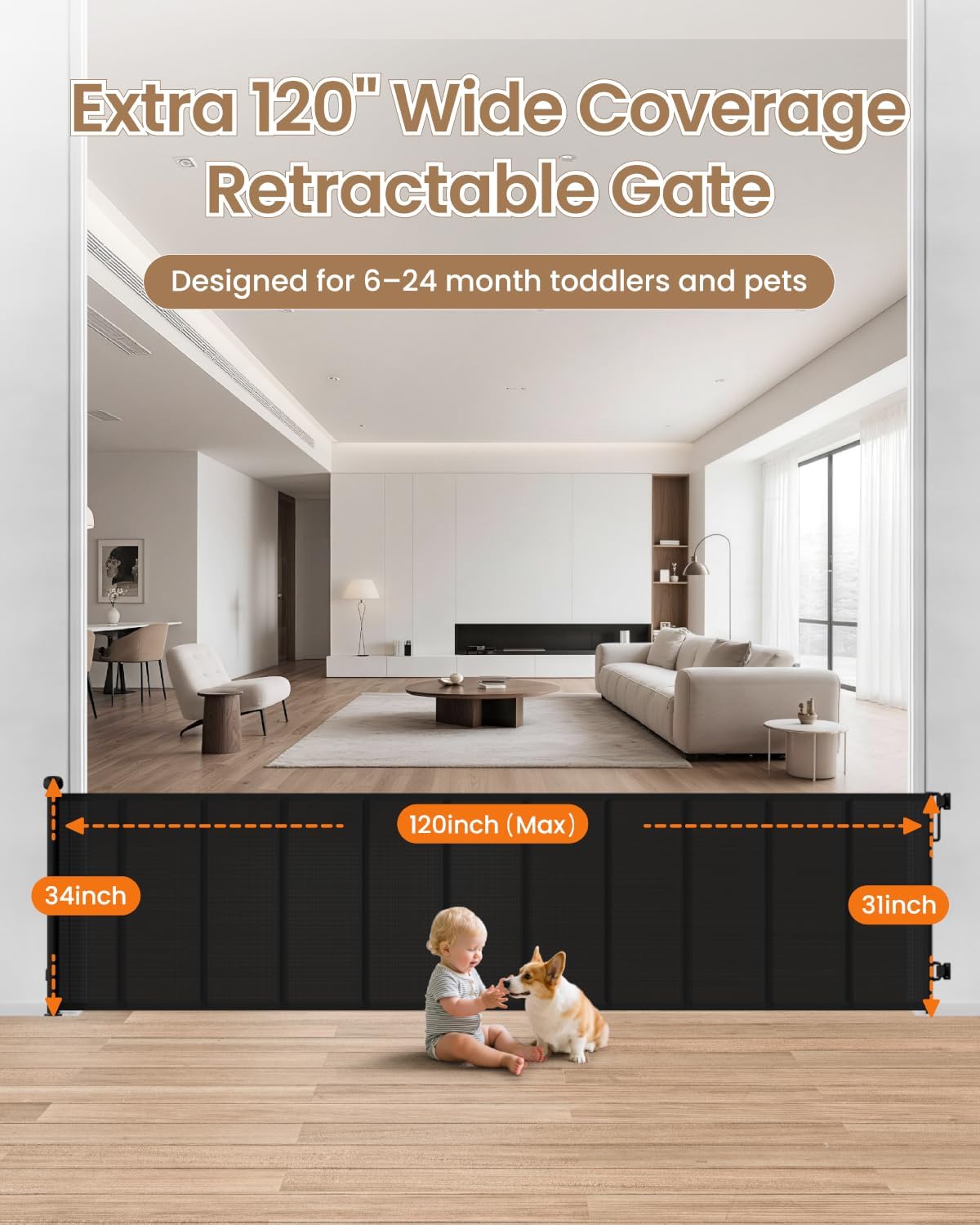 Retractable Baby Gate, 55" Wide Mesh Gate with 4 Reinforced Rods, Prevents Kids & Dogs from Crawling Under, 34" Tall Easy-to-Use Pet Gate for Stairs, Bedrooms, Hallways, Indoor/Outdoor, White