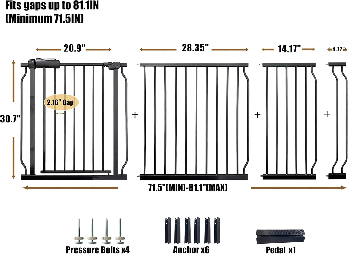 Extra Wide 76.4-81 Inch Large Baby Gates for Stairs, Doorways - No Drilling, Pressure Mounted Pet Gates for Kids & Dogs