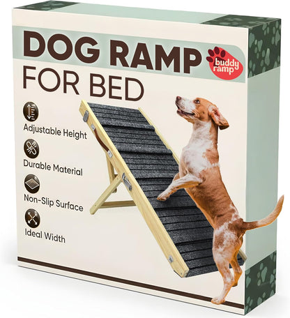 Dog Ramp for Bed – BuddyRamp Wooden Adjustable Pet Ramp 32.7” x 15.7” x 19.7”, Non-Slip Carpet Surface, Foldable & Portable, Ideal for Large, Medium and Small Dogs
