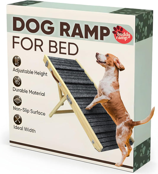 Dog Ramp for Bed – BuddyRamp Wooden Adjustable Pet Ramp 32.7” x 15.7” x 19.7”, Non-Slip Carpet Surface, Foldable & Portable, Ideal for Large, Medium and Small Dogs