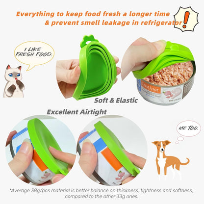 2 Packs Dog Food Can Lids, Inner rings 2.6”/3”/3.4” Fits 3-15oz Standard Cans/Tins, Multi-Size cat food can lid, Silicone Can Covers for dog food cans, BPA Free, Reusable(Green/Cyan+1 spoon)