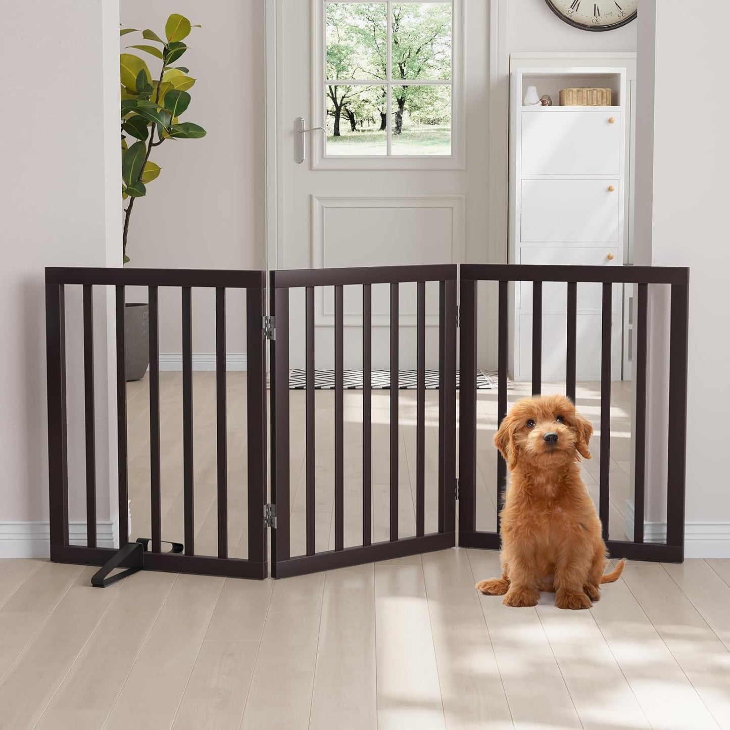 Freestanding Dog Gates Indoor, 3-Panel Pet Gates with 2 Metal Stands and 360° Hinge, 24" H Foldable Dog Gate for Stairs, Doorway, Kitchen, Expands Up to 55" Fully Assembled - Black Walnut