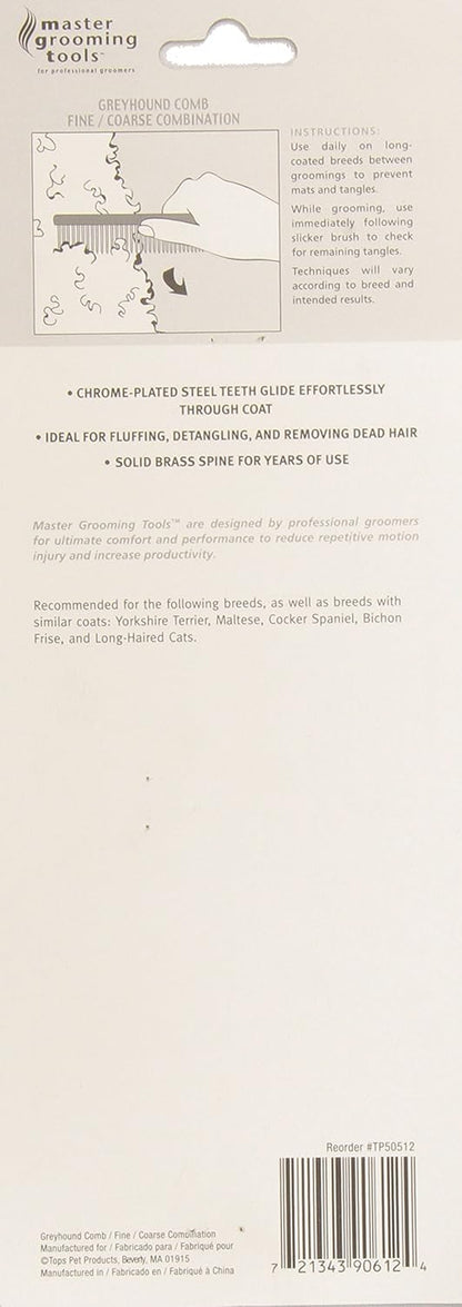 Master Grooming Tools Greyhound Combs — European-Style Combs for Grooming Dogs - Medium/Coarse, 7½",Chrome