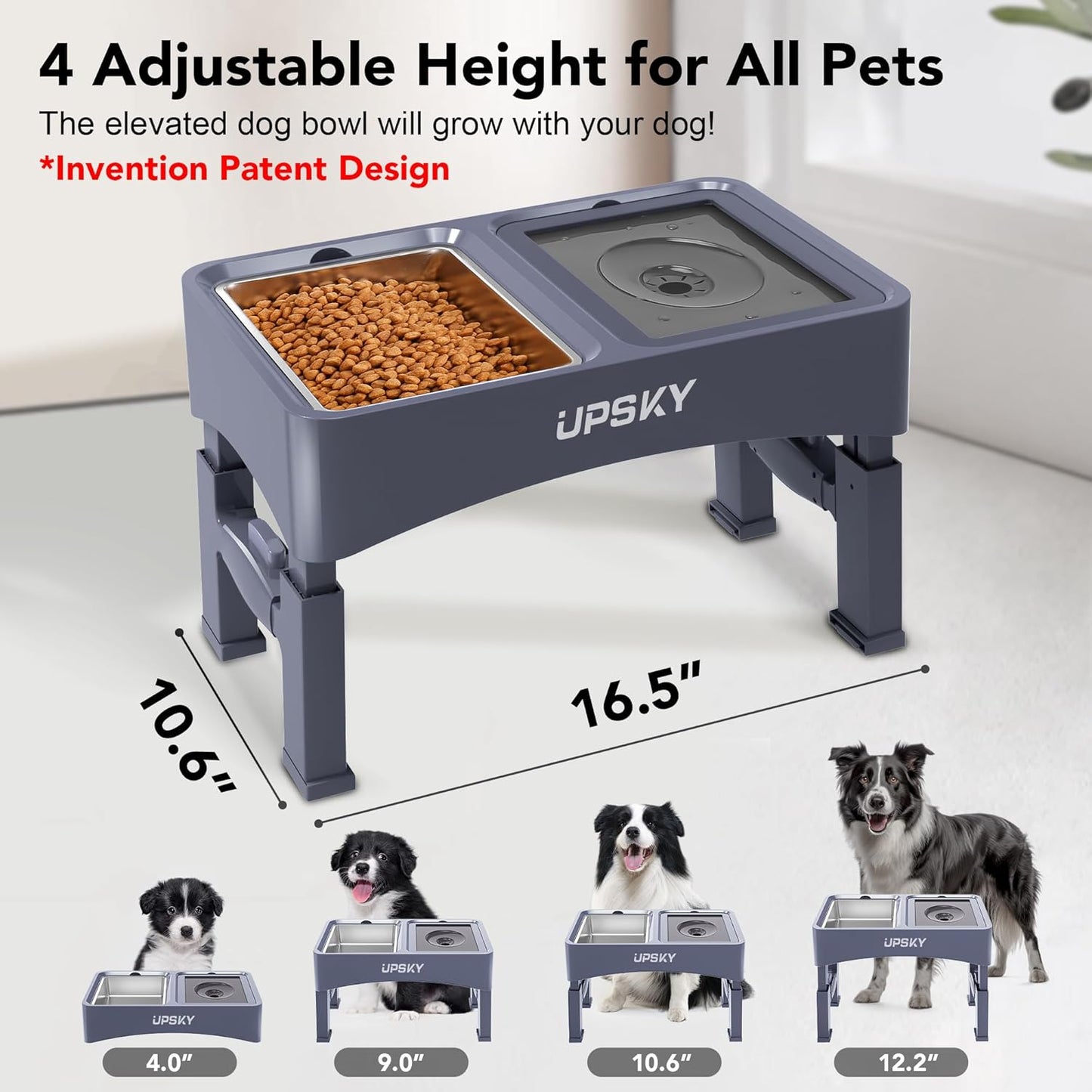 UPSKY 2-in-1 Elevated Dog Bowls Slow Feeder, 4 Height Adjustable Raised Bowl Stand, No Spill Dog Water Bowls, Anti-Slip Food and Water Bowls for Small Medium Dogs(Not Include Stainless Steel Bowl)